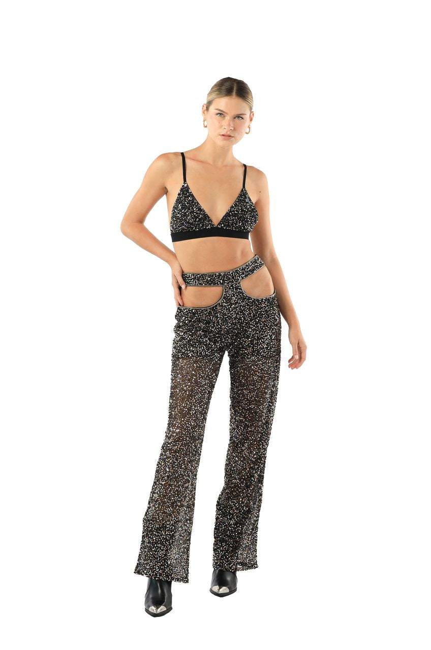 Black Sequin Bell Bottom Pants, Diamond Flare Jeans Women